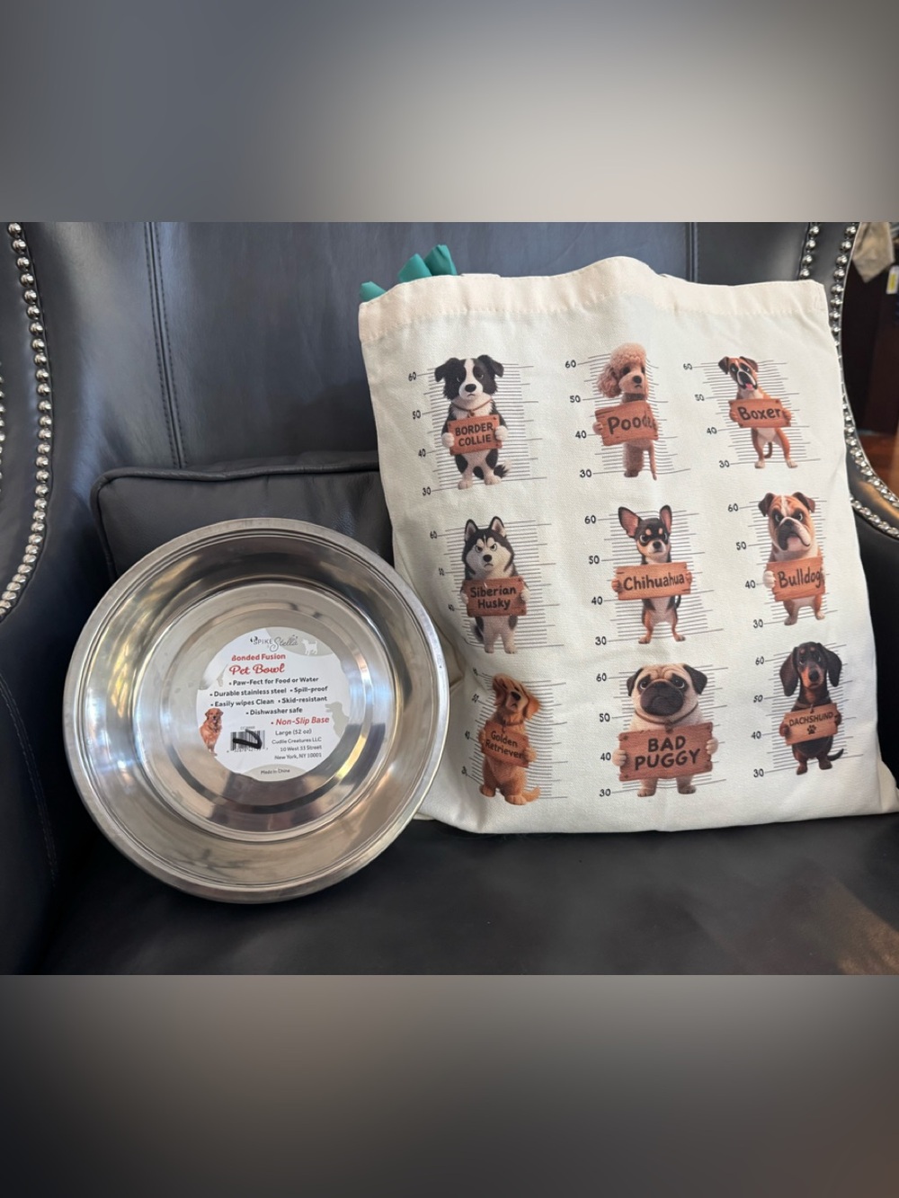 Dog 🐶  Tote Bag & Stainless Steel Pet Bowl – Silver